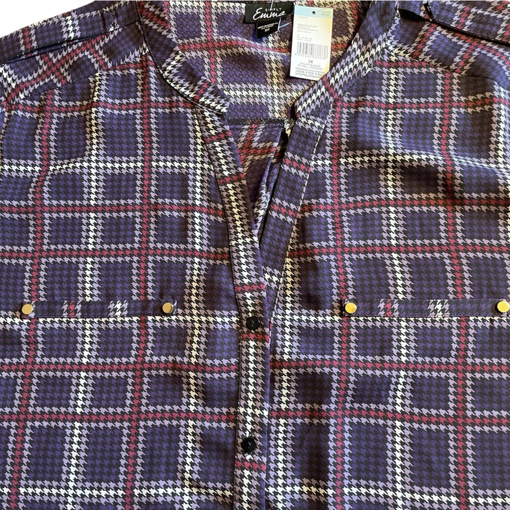 NWT SIMPLY EMMA 3X PURPLE AND BURGUNDY HOUNDSTOOTH HI/LO TOP